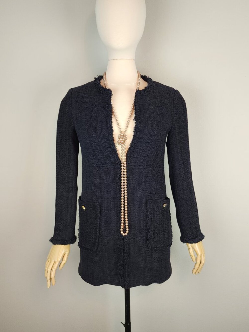 Zara Black Textured Tweed Fringe Jacket Long Sleeve Long Silhouette Ladies XS